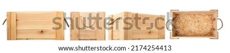 wooden box with rope handles isolated on white background. Empty wooden box with rope handles isolated on white background. background . Close-up.Set of empty wooden crates on white background Royalty-Free Stock Photo #2174254413