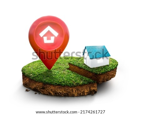 House symbol with location pin icon on round soil ground cross section with earth land and green grass, ground ecology isolated on white background. real estate sale, property investment concept. 3D. Royalty-Free Stock Photo #2174261727