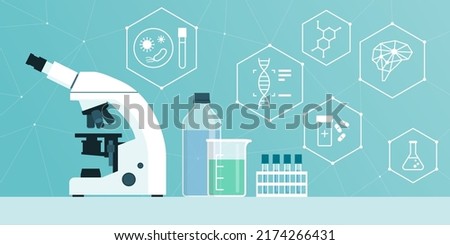 Scientific and medical research in the lab: microscope, lab equipment and science icons Royalty-Free Stock Photo #2174266431