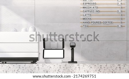 3D render mock up blank screen of a cashier computer and bar code scanner on the counter in a coffee shop. Smart business and services, Program, Application, Interface, Technology, Smart, Empty space.