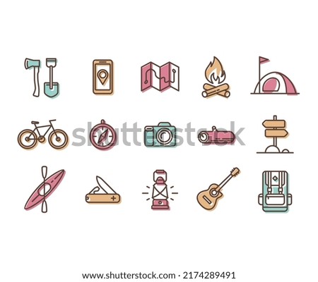 Set of icons and symbols for camping and hiking.

