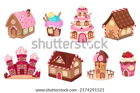 Cartoon candy homes. Game gingerbread house, chocolate cupcake building. Isolated delicious desserts, biscuit cream fairytale city garish vector elements Royalty-Free Stock Photo #2174291521
