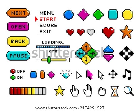 Pixel game button. 8-bit art collection for games, ui interface graphic. Gaming elements, video app for play symbols. Levels start menu tidy color vector set Royalty-Free Stock Photo #2174291527