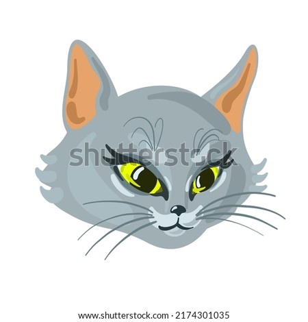 Grey cartoon cat illustration. Cute kitten head. Cartoonish cat illustration. Pet art. 