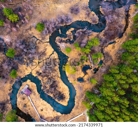 Aerial top down view plain river Psel during spring time. Beautiful valley of riverbed with green meadows of grass and willow trees. Beauty of summer nature. River delta loop from above.