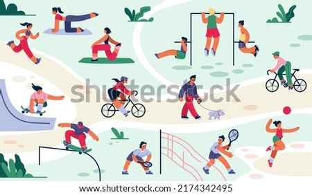 People exercise in park. Outdoor sport training. Characters skateboarding and jogging. Person in yoga asana. Active bicycle or leisure play. Summer groups. Vector workout activities set