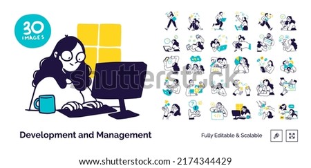 Business Development and Management illustrations. Mega set. Collection of scenes with men and women taking part in business activities. Trendy vector style