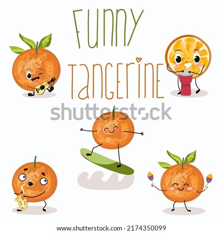 Vector illustration of a whole one and a half tangerine or orange character, cartoon, surfing, playing musical instruments, inscription cheerful tangerine. Summer time, summer mood.