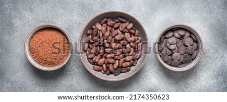 Cocoa beans, cocoa powder and chocolate in a bowl, grunge gray background. Top view, banner. Textured object, selective focus.