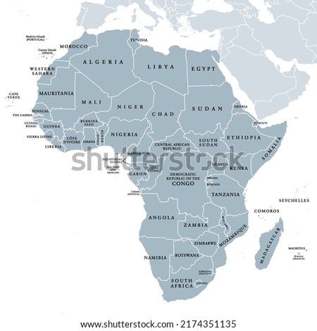 Africa, single countries, gray political map. Largest continent, including Madagascar. With English country names and international borders. Isolated illustration on white background. Vector. Royalty-Free Stock Photo #2174351135