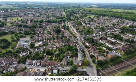 aerial view of Railway Train Tracks at Leighton Buzzard town of England UK Royalty-Free Stock Photo #2174351593