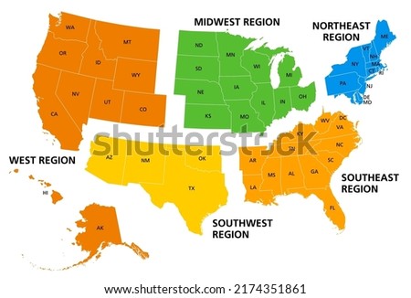 United States, geographic regions, colored political map. Five regions, according to their geographic position on the continent. Common but unofficial way of referring to regions of the United States. Royalty-Free Stock Photo #2174351861