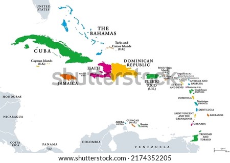 The Caribbean, colored political map. Subregion of the Americas in the Caribbean Sea with its islands and English names. The Greater Antilles and the Lesser Antilles. Isolated illustration over white. Royalty-Free Stock Photo #2174352205