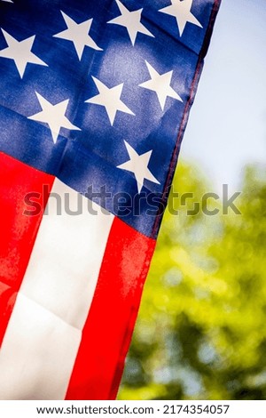 close-up of a flag of the United States of America flying on blurry nature background