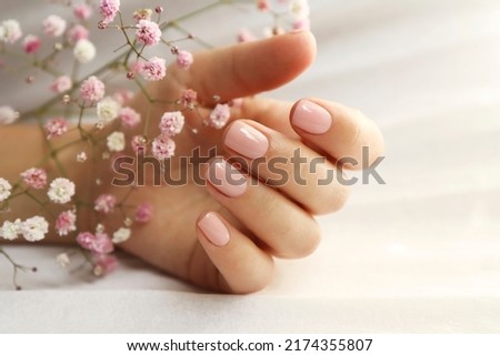 Light pink manicure on short nails with Gypsophila. Royalty-Free Stock Photo #2174355807