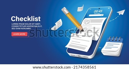 checklist, work project plan concept, fast checklist, posting plan on blue background, productivity checklist 3d.Manager or test review concept.Online paper checklist via mobile application. Royalty-Free Stock Photo #2174358561