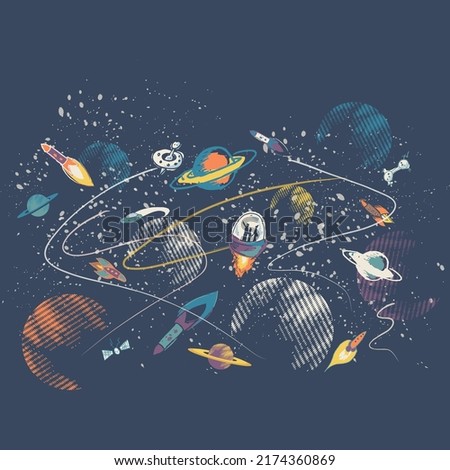 Space. Vector abstract illustrations of astronaut, planets, galaxy, Mars, future, earth and stars. Science fiction illustration for banner, cover or background Royalty-Free Stock Photo #2174360869