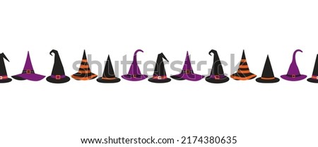 Halloween witch hats fancy seamless border vector pattern. Cute wizard caps cartoon design element. Halloween symbol set isolated. 31 October holiday fun banner background, card, flyer frame template Royalty-Free Stock Photo #2174380635