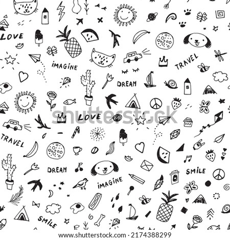 Doodle objects, cat, dog, cactus, pineapple vector seamless pattern