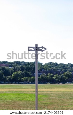 A tortoise and hare sign stands against a clear, blue sky in Van Cortlandt Park, The Bronx, New York City. July 2022.
