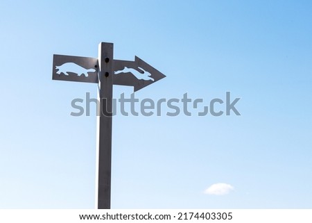 A tortoise and hare sign stands against a clear, blue sky in Van Cortlandt Park, The Bronx, New York City. July 2022.