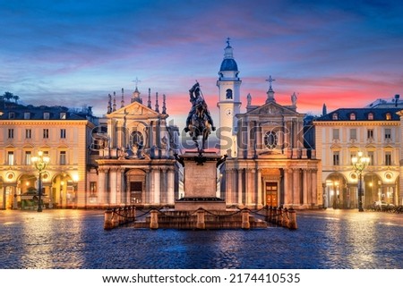 Turin, Italy at Piazza San Carlo during twilight. Royalty-Free Stock Photo #2174410535