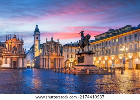 Turin, Italy at Piazza San Carlo during twilight. Royalty-Free Stock Photo #2174410537