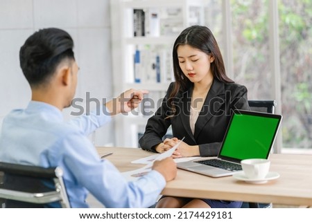 Scene of Furious boss scolding asian young couple businesswoman in formal suit by point to her face in modern office, Business mistake and punish concept Royalty-Free Stock Photo #2174429181