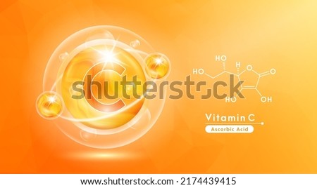 Vitamin C orange and structure. Pill vitamins complex and bubble collagen serum chemical formula. Beauty treatment nutrition skin care design. Medical and scientific concepts. 3D Vector EPS10. Royalty-Free Stock Photo #2174439415