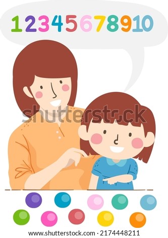 Illustration of a Kid Girl Counting Circles Pointing and Saying Numbers from One to Ten. Mom Teaching Counting for Kindergarten Preparation