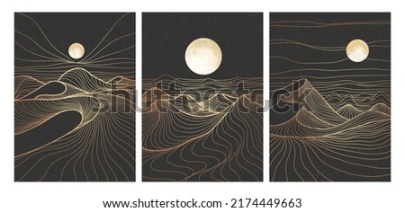 Mountain desert line art print on set. Abstract mountain contemporary aesthetic backgrounds landscapes. with mountain, desert, skyline and moonlight. vector illustrations Royalty-Free Stock Photo #2174449663