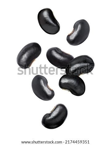Black beans (Urad dal, black gram, vigna mungo) flying in the air isolated on white background.  Royalty-Free Stock Photo #2174459351