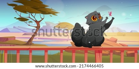 Cute cat playing with butterfly at home terrace sitting on railings at beautiful view of savanna landscape with trees, river and plain. Cartoon kitten catching flying insect, Vector illustration