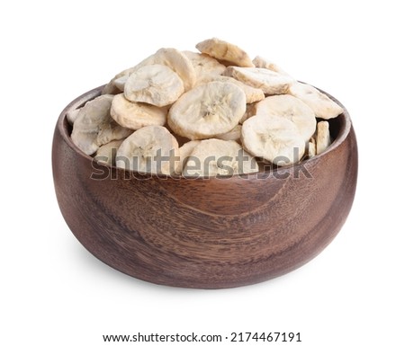 Freeze dried bananas in bowl on white background Royalty-Free Stock Photo #2174467191