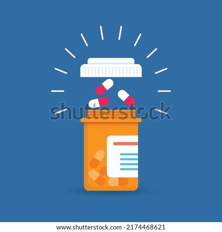 Pill bottle icon in flat style. Medical capsules vector illustration on white isolated background. Pharmacy sign business concept. Royalty-Free Stock Photo #2174468621