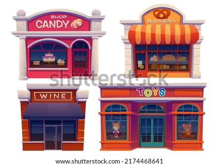 Wild west front view cartoon buildings set. Candy, bakery, wine, toys  shop. Traditional western architecture isolated on white background. House exterior, cowboy style design. Shops vector clip art