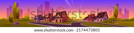 Panorama of suburb district with houses, road, city buildings and sun on horizon at sunset. Vector cartoon illustration of suburban street with cottages, garages, green trees and grass in evening