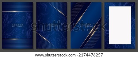 Blue luxury cover set. Modern design, geometric of gold lines and sparkles on gradient background. Elegant template with blank space, for business, elegant events, invitations. Royalty-Free Stock Photo #2174476257