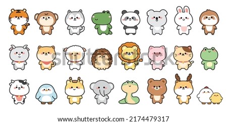 Set of animals hand drawn cartoon on white background.Wild,farm,pet animal colection.Cute character design.Happy.Smile face.Isolated.Kawaii.Vector.Illustration.