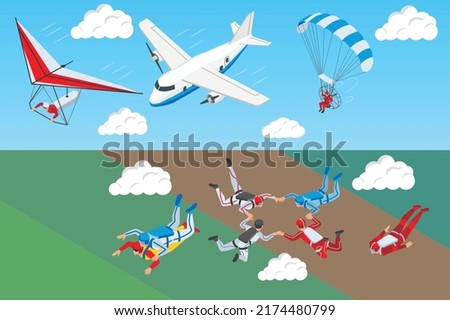 Parachuting isometric horizontal banners with airplane hang glider and group of people skydiving in sky vector illustration