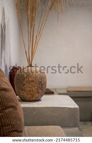 Decorative vase with reed poles indoors