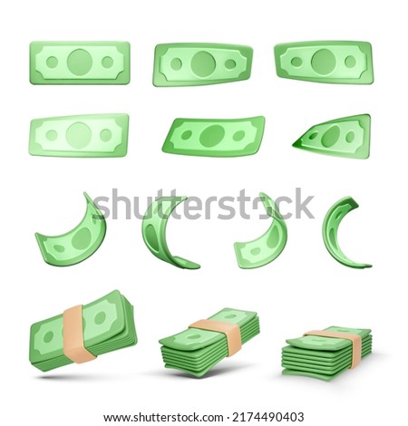 Realistic money set. Collection of 3D green dollars isolated on white background. Twisted paper bills and stack of currency banknotes. Business and finance object for banner design. Vector Royalty-Free Stock Photo #2174490403