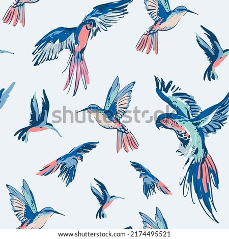 Flying exotic birds seamless pattern. Colorful parrots, humming bird background. Hand drawn bird ink sketch. Summer tropical wildlife vector illustration for paper, wallpaper, textile, Hawaiian shirt
