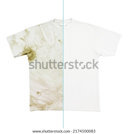Comparison of white t-shirt before and after using laundry detergent or bleach on white background Royalty-Free Stock Photo #2174500083