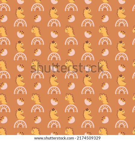 Cute vector kids seamless pattern with hand drawn girl dino, flower and rainbow on brown background. Creative childish illustration for fabric, textile.