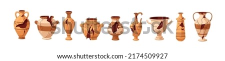 Broken old pottery set. Damaged cracked ancient greek vases, jars, pots, jugs, pitchers, clay vessels with splits. Antique crockery. Flat graphic vector illustrations isolated on white background Royalty-Free Stock Photo #2174509927