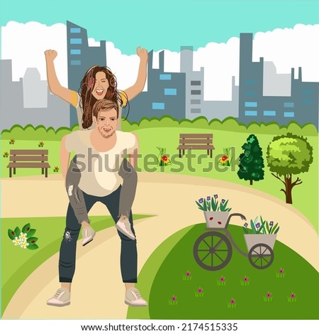People rest in park. Vector illustration. Happy people walking and resting in the green city park