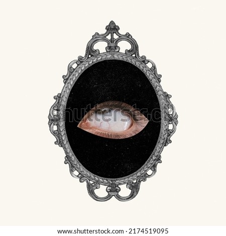 Contemporary art collage. Conceptual image with female eyes in black mirror isolated over white background.Concept of creativity, surrealism, imagination, emotions. Copy space for ad