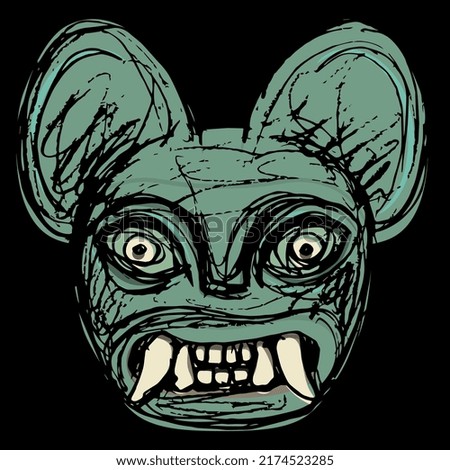 Jaguar head. Mask of totem cat with fangs. Moche art from ancient Peru. Native American art of Peruvian Indians. Hand drawn colorful rough sketch. On black background.