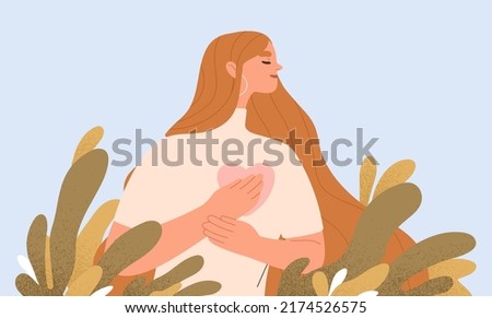 Woman with hand on kind heart, feeling self love, bliss, harmony, positive emotion. Happy calm peaceful girl volunteer. Care, humanity, selfhelp and peace concept. Colored flat vector illustration Royalty-Free Stock Photo #2174526575